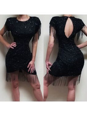 Vintage Augustus Impressions Hand Beaded Sequin Black Silk Fringe Flapper Dress
